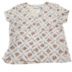 Liz Claiborne Women's Floral Patterned V-Neck‎ Top XL Short Sleeve Vintage 90s